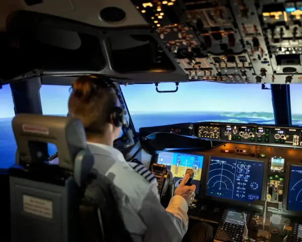 Pilota in cabina di pilotaggio, con schermi e comandi. Chissà quanto guadagna un pilota di aerei per gestire un volo così complesso.