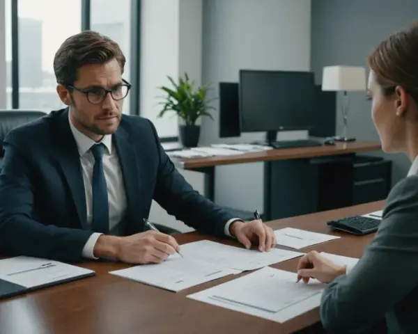 Un homme en costume signe un document, possiblement une modification du contrat de travail, face à une femme dans un bureau moderne.