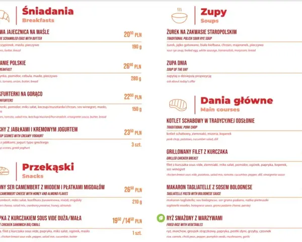 Menu z daniami głównymi, zupami i śniadaniami. Ceny w PLN, np. kotlet schabowy 39,50 PLN.