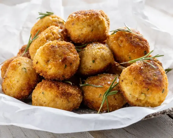Un mucchio invitante di polpette in bianco, dorate e croccanti, guarnite con rosmarino fresco e sale grosso.