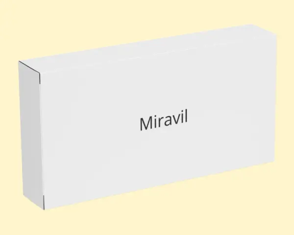 Białe pudełko z napisem "Miravil" na jasnym, żółtym tle.
