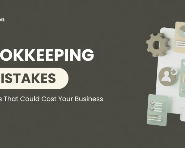 Bookkeeping mistakes can be costly. This graphic highlights common errors with icons representing data, checklists, and user profiles.