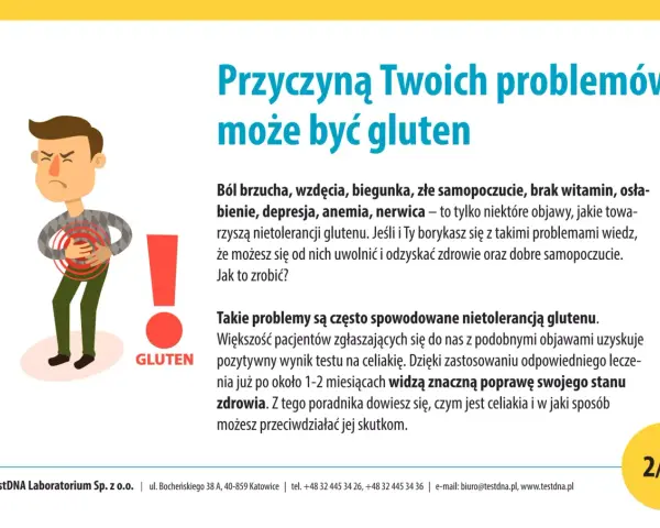 Ilustracja przedstawia mężczyznę z bólem brzucha, symbolizującym objawy nietolerancji glutenu.