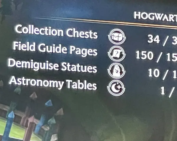 Pantalla de menú de Hogwarts Legacy mostrando el progreso de los cofres de colección, páginas de guía de campo, estatuas de desilusión y mesas de astronomía.