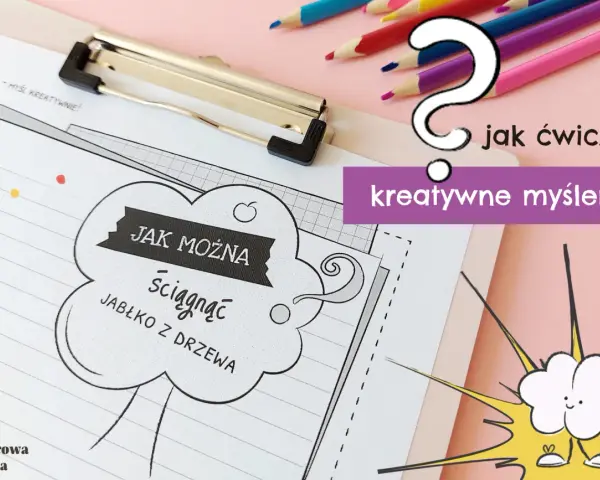 Ćwiczenia na kreatywne myślenie dla dzieci: "Jak można ściągnąć jabłko z drzewa?". Kolorowe kredki i chmurka z buźką zachęcają do zabawy.