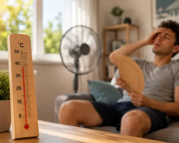 Termometro segna alta temperatura. Uomo accaldato cerca sollievo con ventaglio e ventilatore, mostrando come rinfrescare casa.