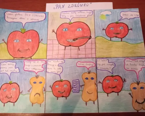 Krótki komiks do szkoły: Pan Jabłko, Pan Zdrówko, pomaga smutnej gruszce.