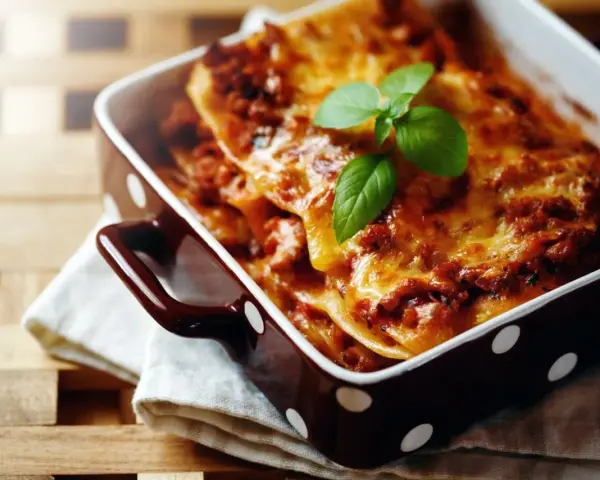 Herzhafte Lasagne Bolognese, eine der beliebtesten Lasagne Arten, dampft in einer braunen Auflaufform mit weißen Punkten. Frisch garniert mit Basilikum.