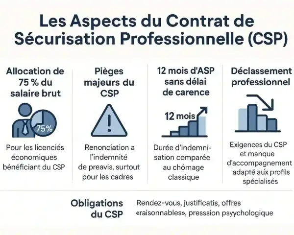 Infographie sur le CSP : allocation 75%, pièges majeurs (renonciation indemnité), 12 mois d'ASP sans carence, déclassement professionnel, obligations.
