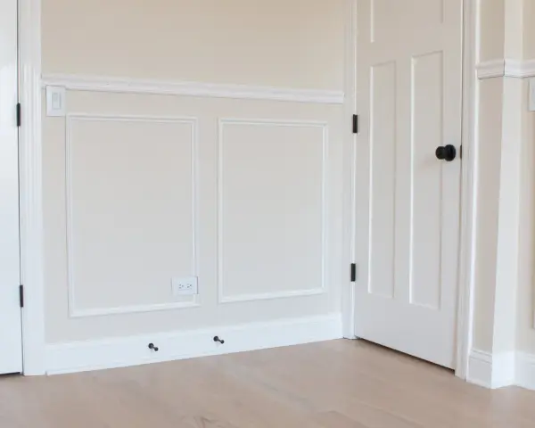 A room with a DIY chair rail, wainscoting, and white doors. The walls are painted a light cream color.