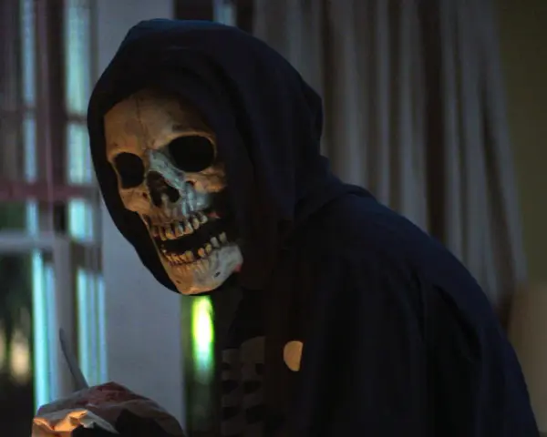 Eine Person mit Totenkopfmaske und Kapuze hält blutige Gegenstände.