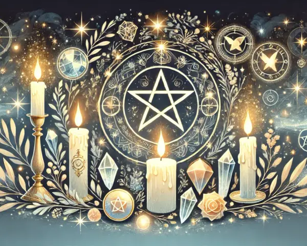 Płonące świece, kryształy i pentagram na tle magicznych symboli i gwiazd.