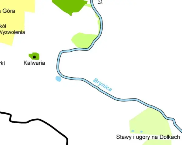 Mapa pokazuje okolice, gdzie leżą Tarnowskie Góry: Księżą Górę, Kalwarię, Kocie Górki i rzekę Brynicę.