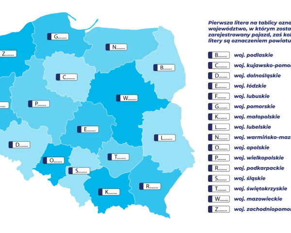 Mapa Polski z oznaczeniami województw i powiatów, klucz do ksu rejestracja.