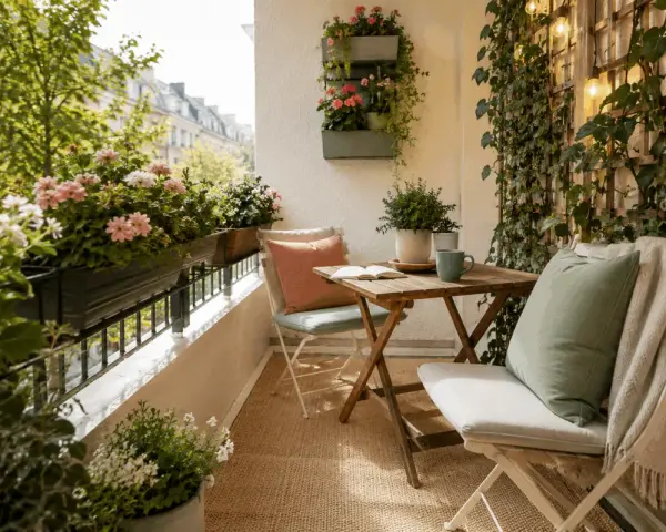 Un angolo relax con fiori colorati, un tavolino e sedie, perfetto per ispirare idee balconi arredati con stile e natura.