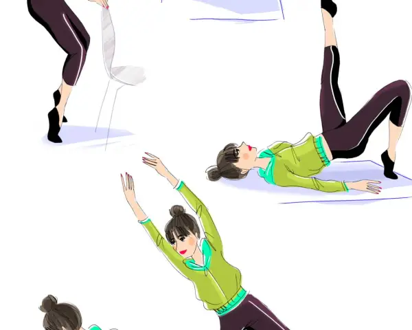 Illustrations de femmes pratiquant le renforcement musculaire : pont, étirements et exercices avec chaise.