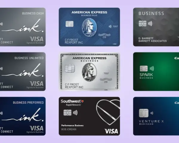 A collage of business credit cards, showcasing options for how u.s. startups get credit cards, including Chase Ink, Amex, Capital One Spark, and Southwest cards.