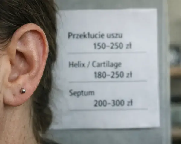 Cennik przekłuć: ucho 150-250 zł, helix 180-250 zł, septum 200-300 zł.
