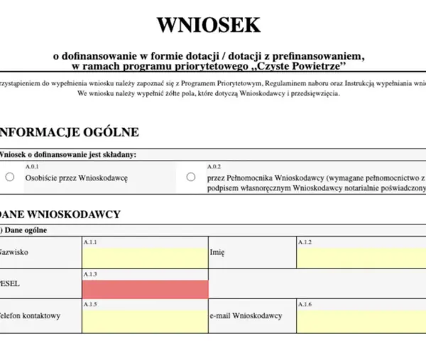 Formularz wniosku o dofinansowanie, sekcja "Dane Wnioskodawcy" zawiera pola na nazwisko, PESEL i dane kontaktowe.