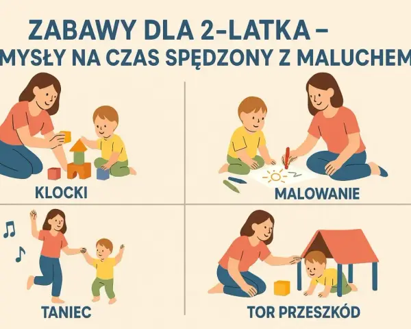 Mama i 2-letnie dziecko budują wieżę z klocków, malują słońce, tańczą i pokonują tor przeszkód.