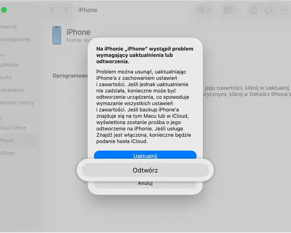 Komunikat o błędzie na iPhonie, który wymaga uaktualnienia lub odtworzenia. Aby rozwiązać problem, kliknij "Uaktualnij" lub "Odtwórz", aby odblokować iPhone'a.