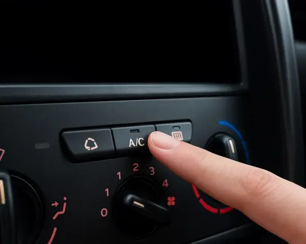 Finger presses the A/C button on a car's climate control panel, ready to activate the car air conditioning for a cool ride.
