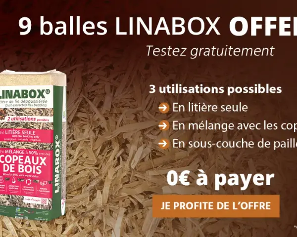 Un sac de litière de lin LINABOX, idéal pour les chevaux. Offre spéciale : 9 balles offertes pour tester cette litière écologique.