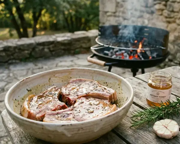 Côtes de porc marinées, prêtes pour le barbecue. Un pot de miel artisanal, du romarin et de l'ail complètent la scène.