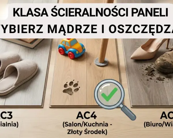 Panele podłogowe: AC3 (sypialnia), AC4 (salon/kuchnia), AC5 (biuro/wiatrołap). Wybierz mądrze klasy ścieralności paneli i oszczędzaj!
