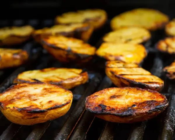 Patate alla griglia dorate e succulente, con segni di cottura perfetti, pronte per essere gustate.