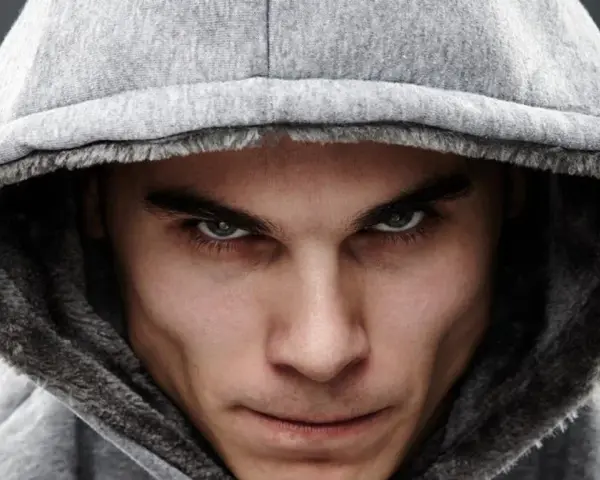 Ostre spojrzenie, mroczna aura. W jego oczach czai się psychopatia, ukryta pod kapturem.