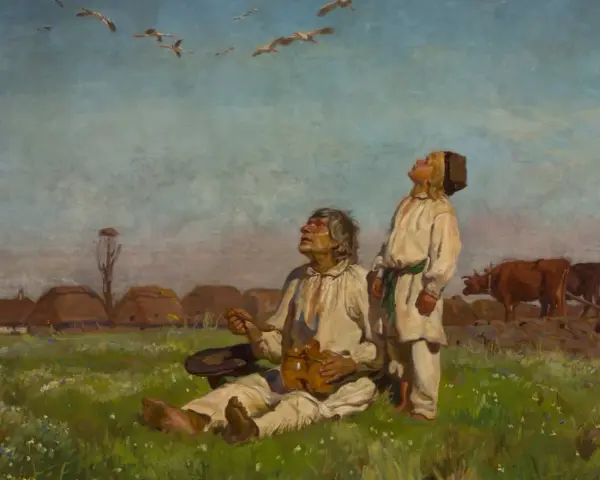 Dwóch mężczyzn w polu, jeden siedzi, drugi stoi, patrzą w niebo na ptaki. W tle wieś i krowy. Obraz w stylu naturalizm.