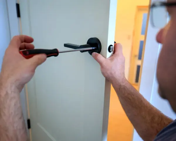Un homme utilise un tournevis pour changer une poignée de porte ancienne pour un modèle moderne.