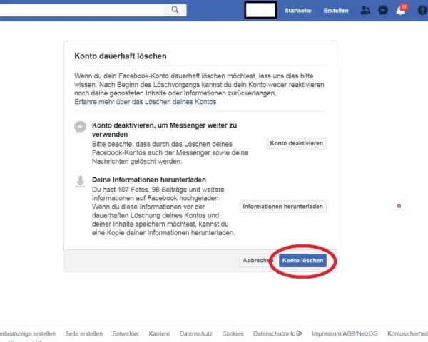 Facebook-Seite mit Optionen zum dauerhaften Löschen oder Deaktivieren des Kontos und zum Herunterladen von Daten.