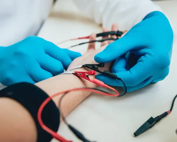 Lekarz w niebieskich rękawiczkach podłącza elektrody do ręki pacjenta. To badanie EMG, które pozwala ocenić funkcje nerwów i mięśni.