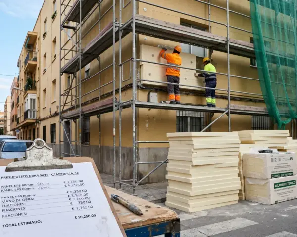 Presupuesto de obra SATE: dos trabajadores instalan aislamiento térmico en fachada. Materiales apilados y presupuesto detallado.