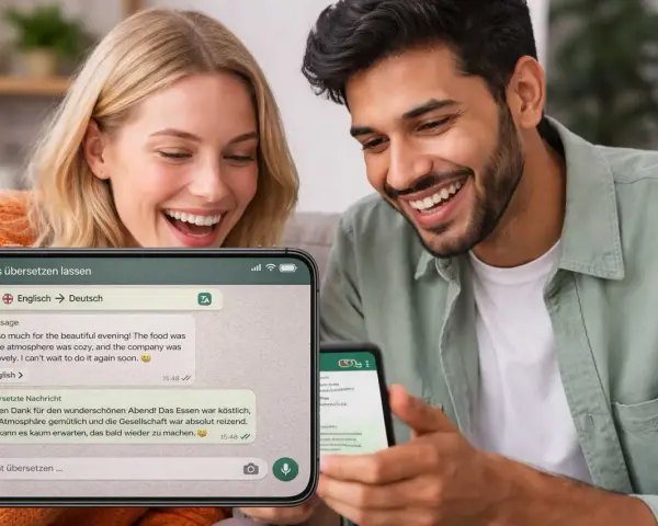 Ein Paar lacht, während es eine WhatsApp-Nachricht auf Deutsch liest. Sie schätzen die einfache Kommunikation, die ihnen die deutsche Sprache ermöglicht.