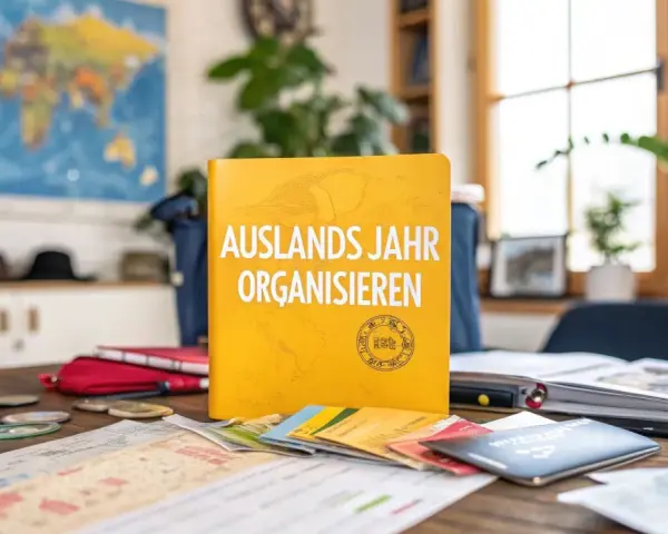 Ein Buch "Auslandsjahr organisieren" liegt auf einem Tisch mit Reisepässen, Karten und einer Kamera. Perfekt für die Planung des nächsten Abenteuers!