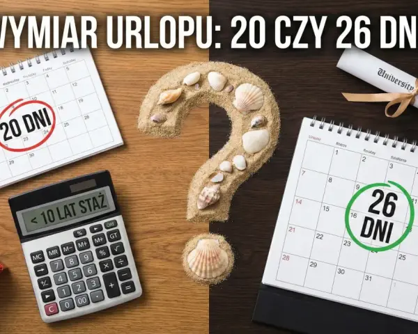 Kalendarz z zaznaczonymi 20 i 26 dniami urlopu, kalkulator stażu pracy i piasek z muszelkami. Czy urlop zależy od stażu?