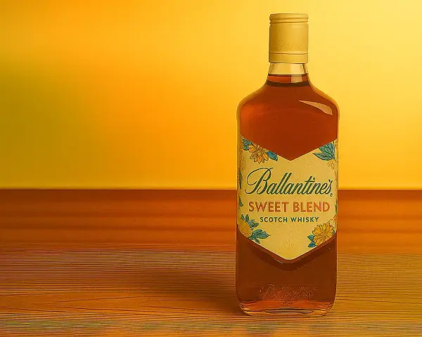 Butelka Ballantines Sweet Blend na drewnianym blacie, w tle ciepłe, żółte światło.