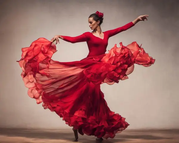 Tancerka w czerwonej sukni wiruje w rytm flamenco, jej strój faluje niczym płomienie.