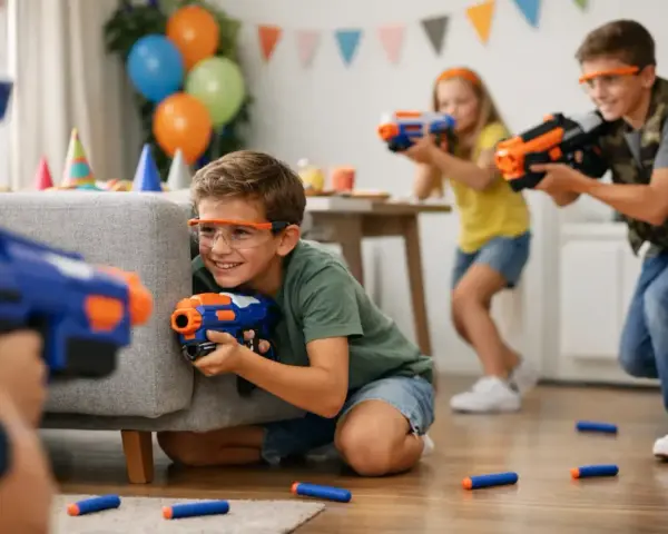 Barn med skyddsglasögon och leksakspistoler gömmer sig bakom en soffa, redo för små uppdrag till barn. Ballonger och girlanger i bakgrunden.