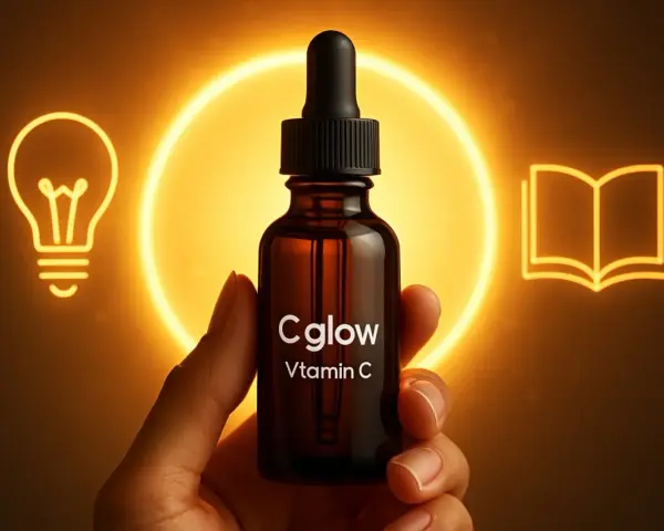 En hand håller en flaska Cglow Vitamin C. En glödlampa och en öppen bok lyser upp bakgrunden. Perfekt för att lära sig om att dricka askorbinsyra.