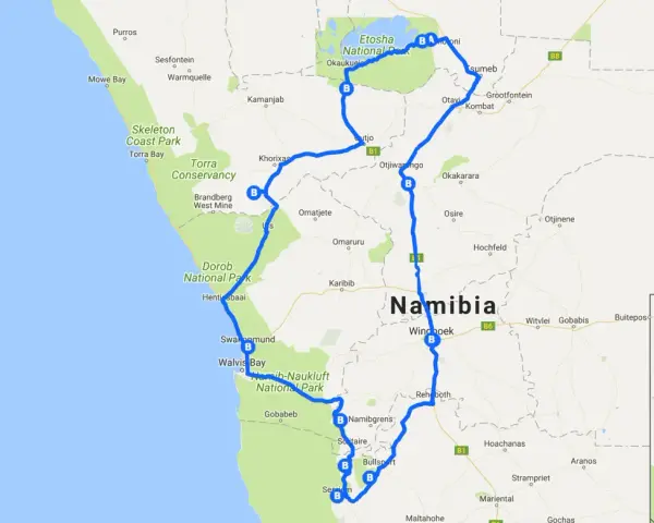 Trasa wycieczki do Namibii: od wybrzeża przez parki narodowe Etosza i Dorob, aż po pustynne tereny.