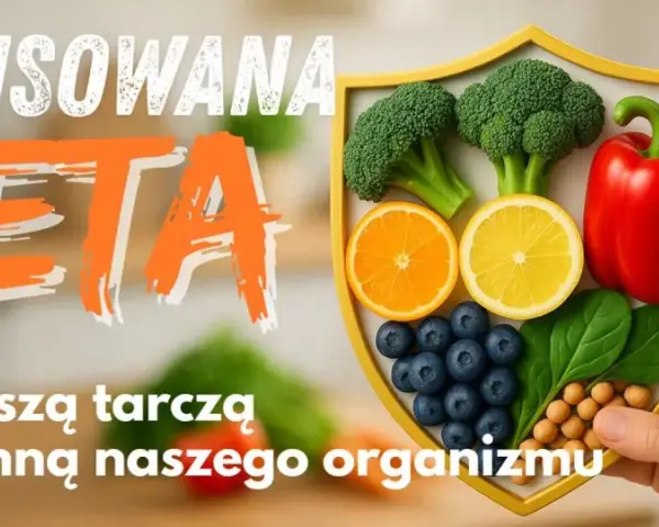 Zbilansowana dieta to najlepsza tarcza ochronna. Owoce i warzywa na tarczy symbolizują co na odporność.
