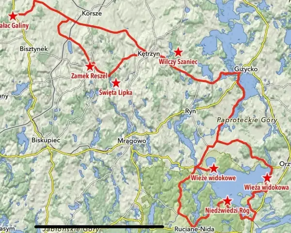 Trasa motocyklem przez Mazury: Pałac Galiny, Zamek Reszel, Święta Lipka, Wilczy Szaniec, Giżycko, Wieże widokowe.