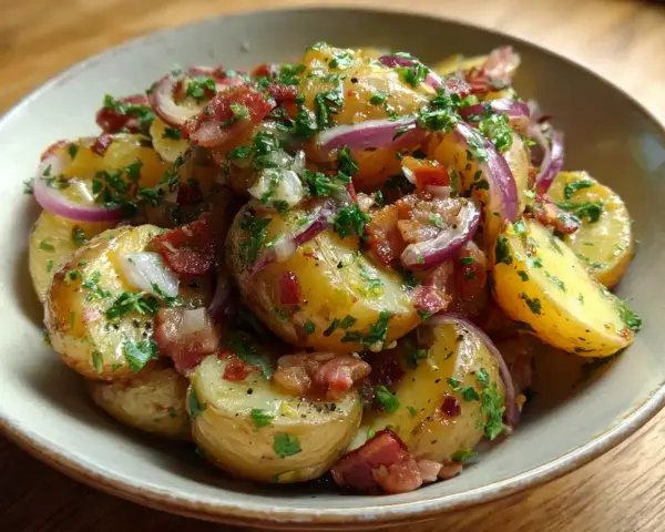 En skål med tysk potatissallad, full av potatis, rödlök, knaperstekt bacon och färsk persilja.