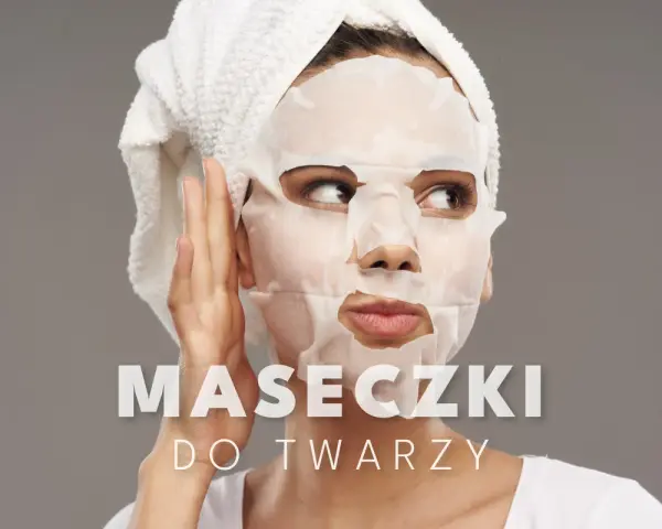 Kobieta z ręcznikiem na głowie stosuje maseczkę na niedoskonałości. Tekst: "MASECZKI DO TWARZY".