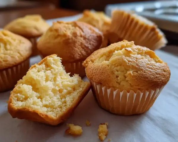 Nybakade, gyllene glutenfria muffins ligger uppradade. En är uppbruten och visar en fluffig insida. Perfekt för fikat!
