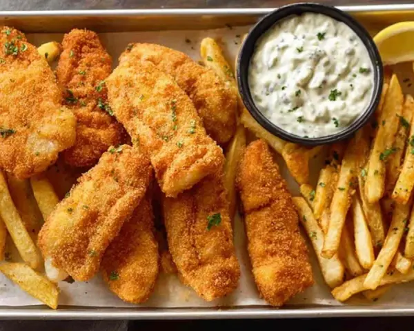 Idealny Fish and Chips przepis: chrupiące ryby w panierce, złociste frytki, sos tatarski i cytryna na tacy.